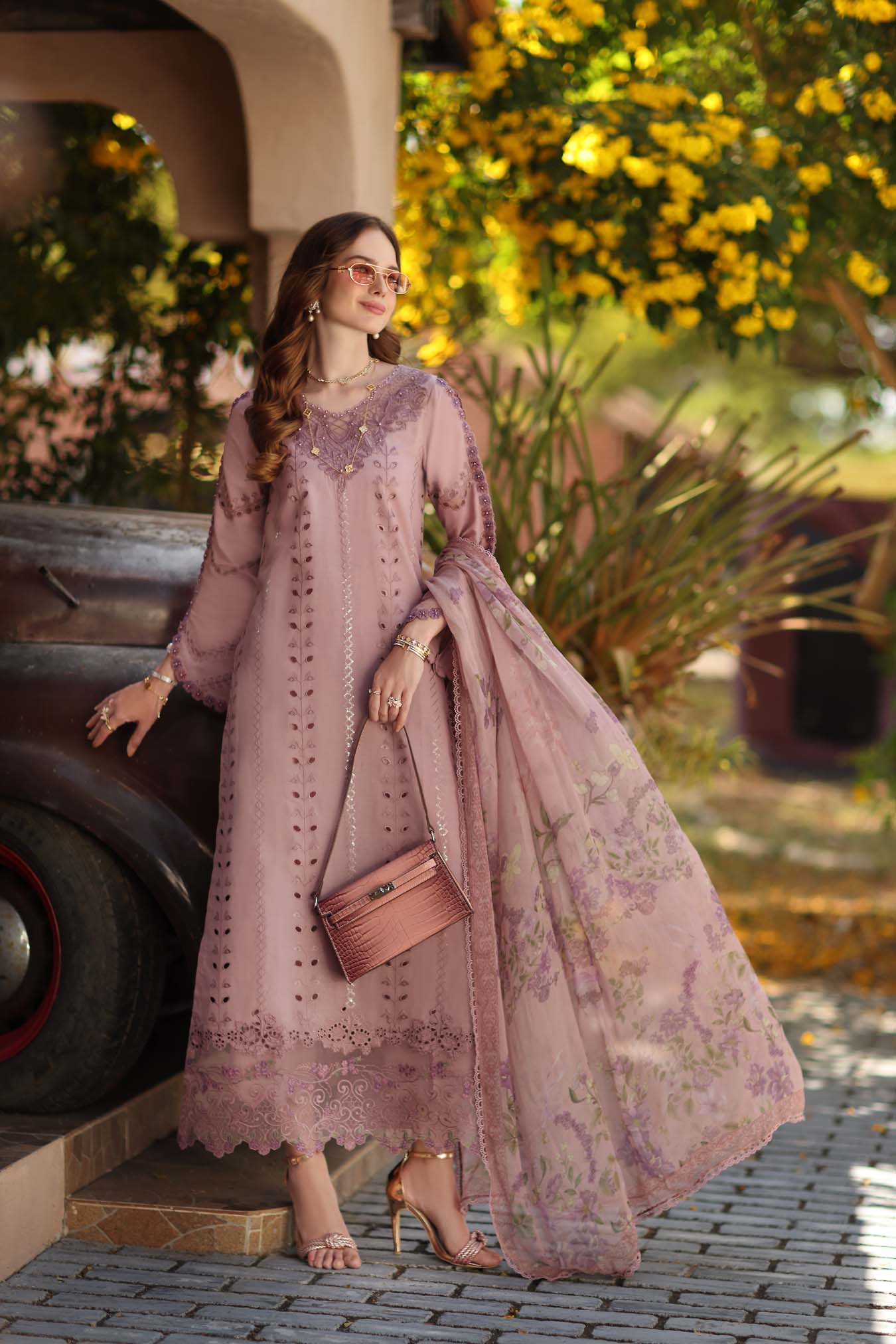 Noor by Saadia Asad | Luxe Chikankari 26 | D4 - B - Dusky Rose - Luxury Dress - available at Maria Faisal in UK and USA.