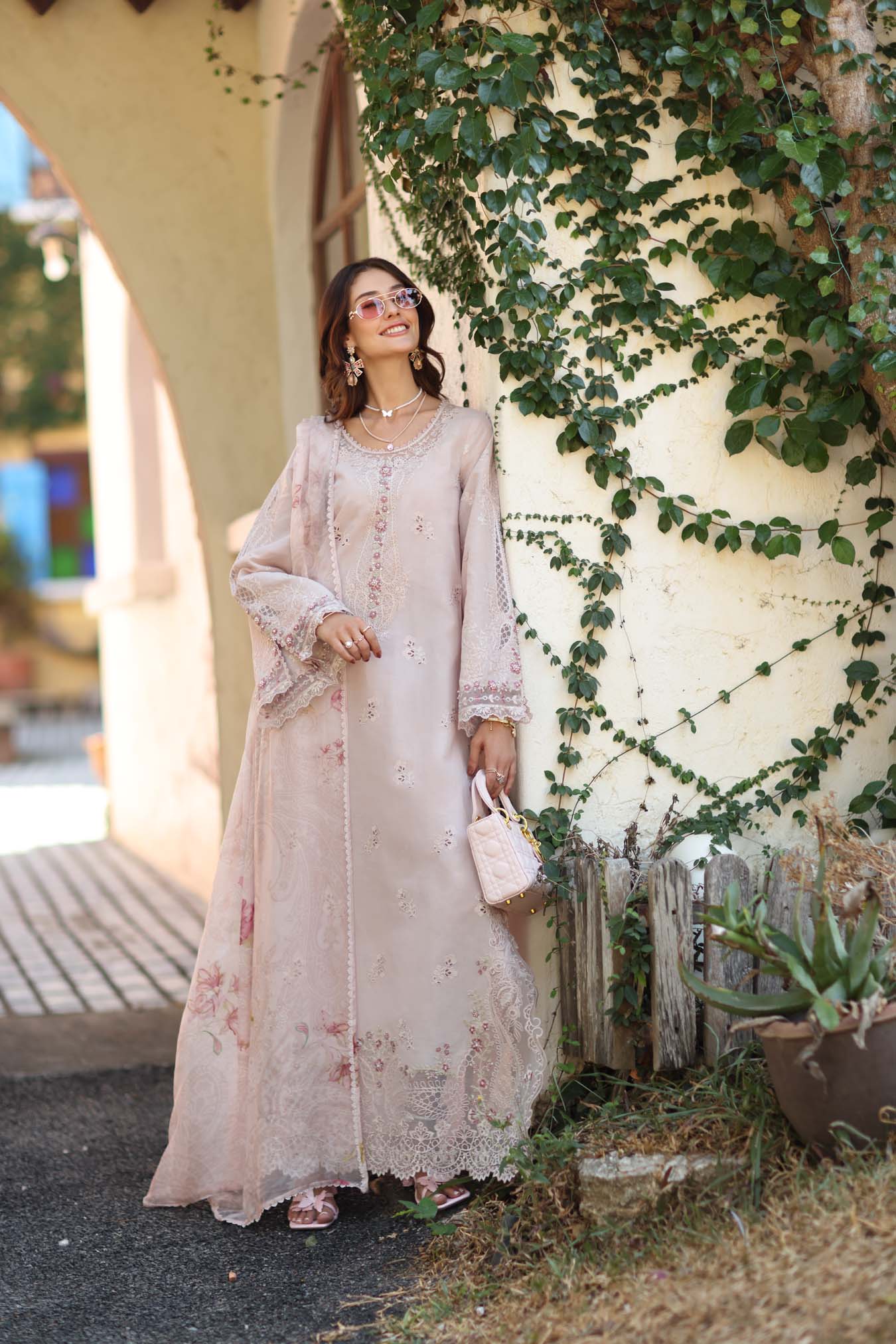 Noor by Saadia Asad | Luxe Chikankari 26 | D7 - A - Soft Rose Mink - Luxury Dress - available at Maria Faisal in UK and USA.