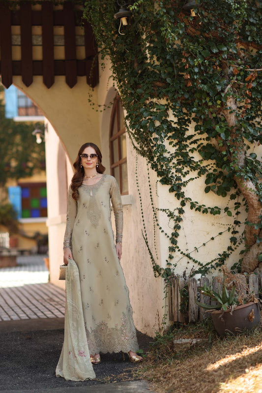 Noor by Saadia Asad | Luxe Chikankari 26 |D7 - B - Warm Gold Sage - Luxury Dress - available at Maria Faisal in UK and USA.