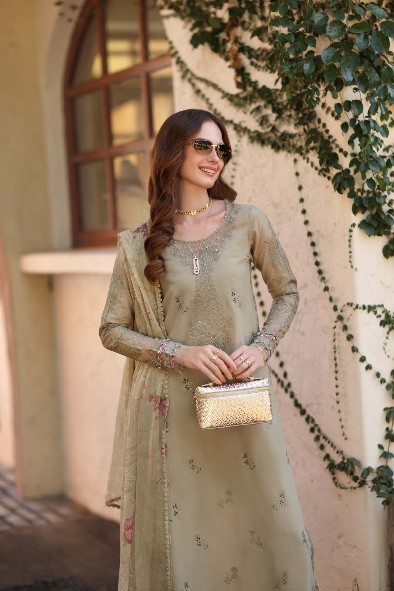Noor by Saadia Asad | Luxe Chikankari 26 |D7 - B - Warm Gold Sage - Luxury Dress - available at Maria Faisal in UK and USA.