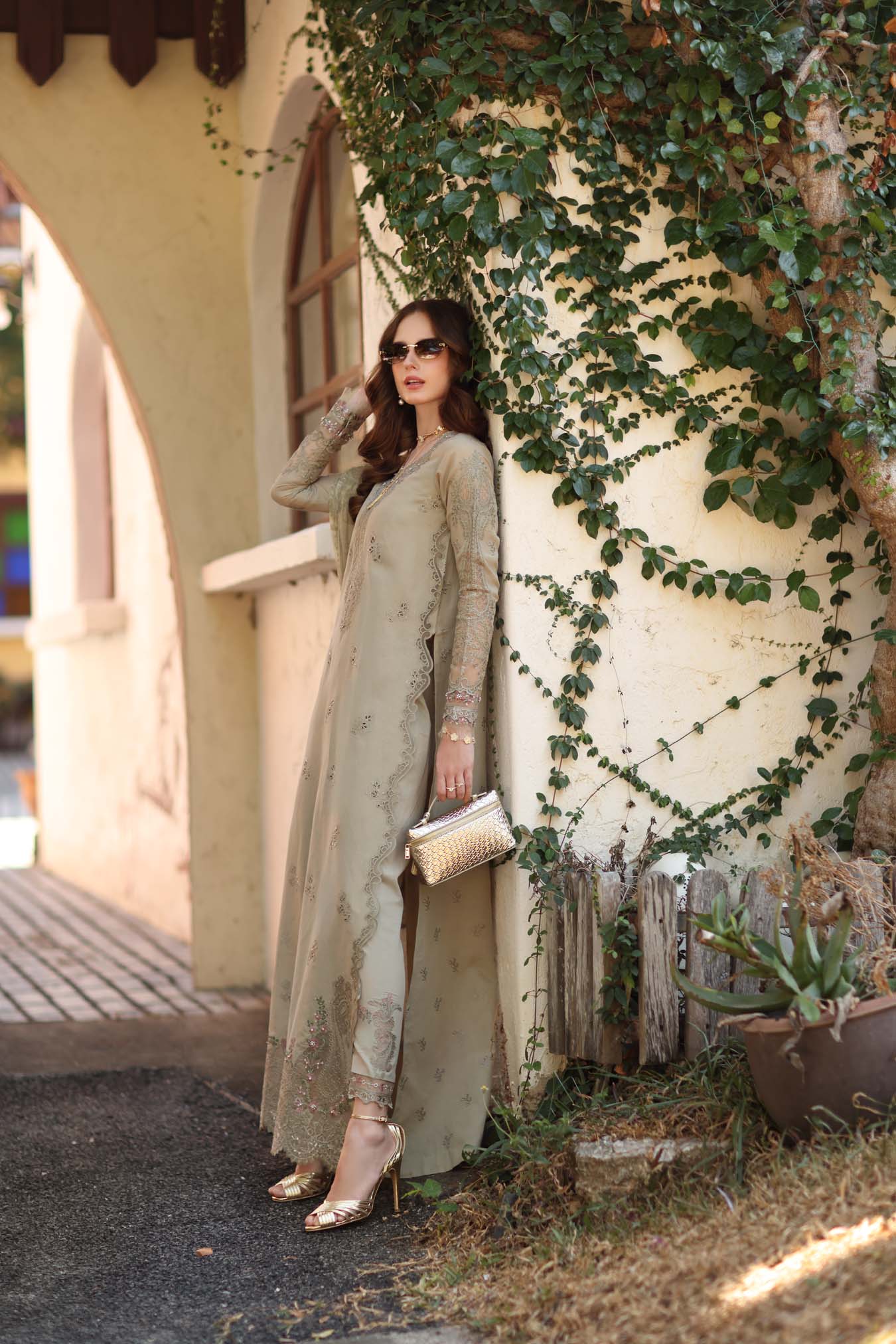 Noor by Saadia Asad | Luxe Chikankari 26 |D7 - B - Warm Gold Sage - Luxury Dress - available at Maria Faisal in UK and USA.