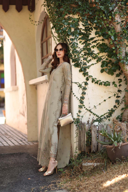 Noor by Saadia Asad | Luxe Chikankari 26 |D7 - B - Warm Gold Sage - Luxury Dress - available at Maria Faisal in UK and USA.