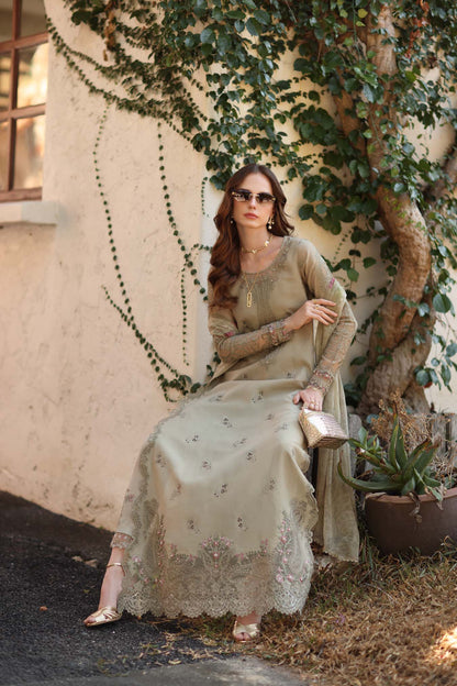 Noor by Saadia Asad | Luxe Chikankari 26 |D7 - B - Warm Gold Sage - Luxury Dress - available at Maria Faisal in UK and USA.