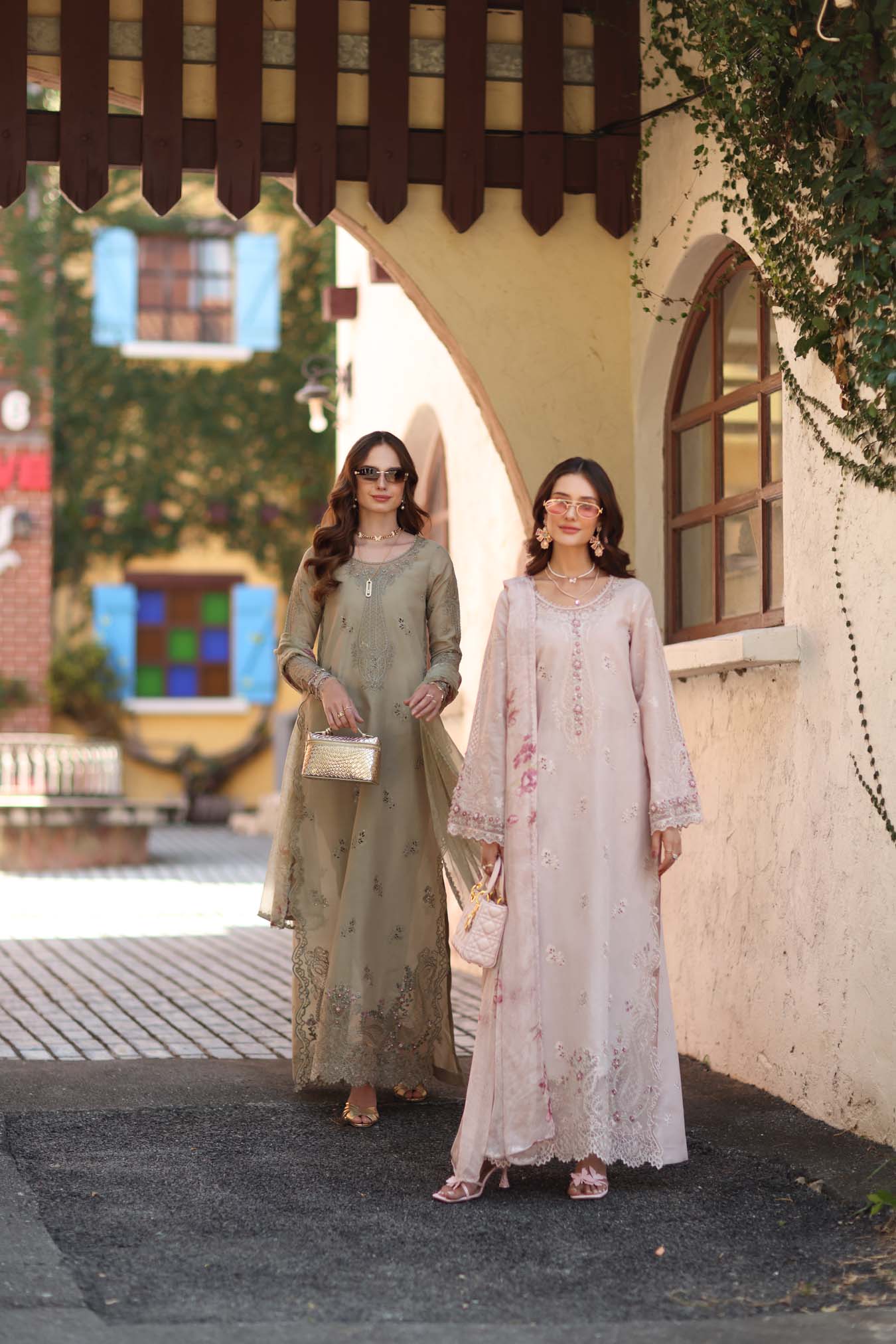Noor by Saadia Asad | Luxe Chikankari 26 |D7 - B - Warm Gold Sage - Luxury Dress - available at Maria Faisal in UK and USA.
