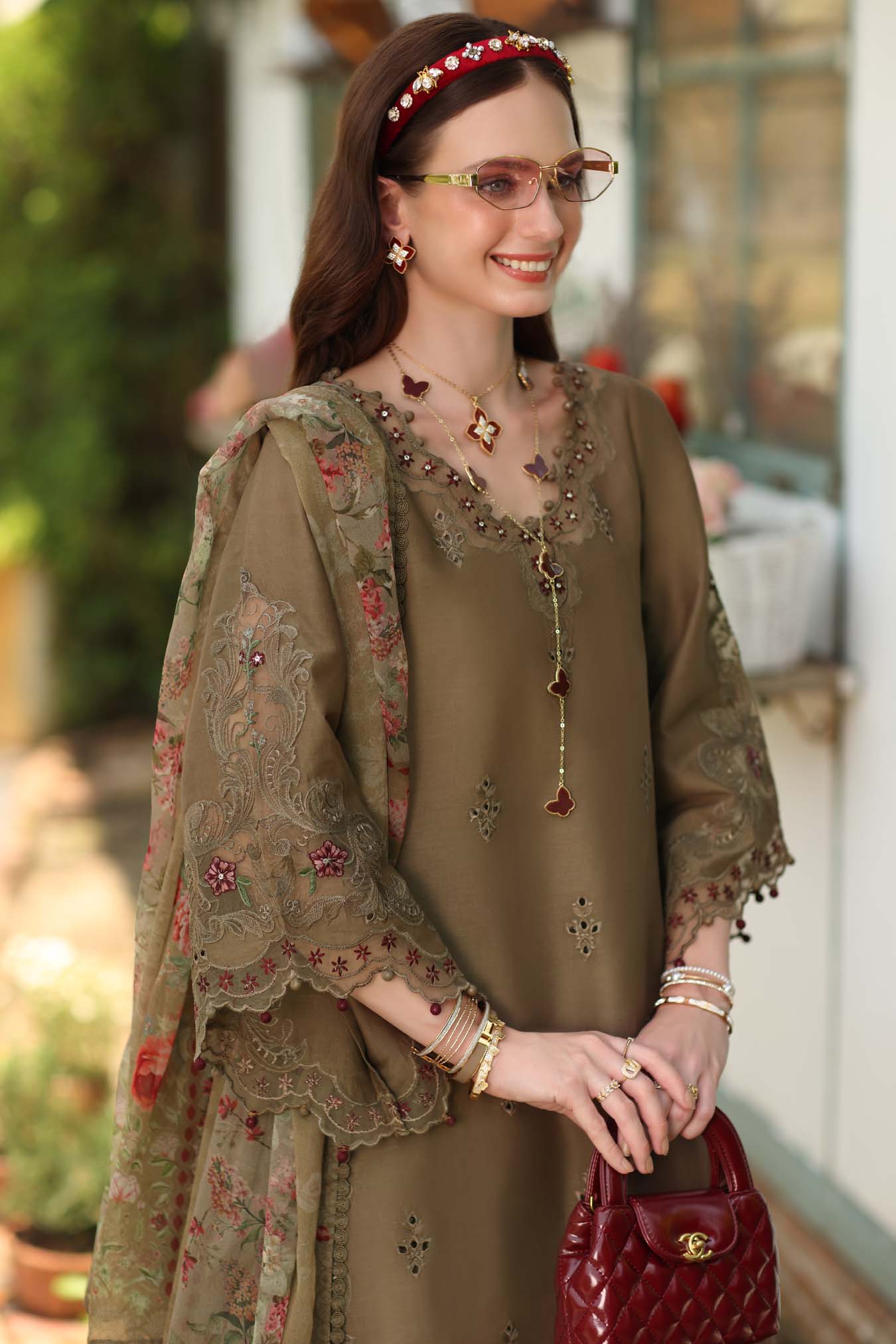 Noor by Saadia Asad | Noor Eid Printskhas 26 |D8  Mocha Sienna - Luxury Dress - available at Maria Faisal in UK and USA.