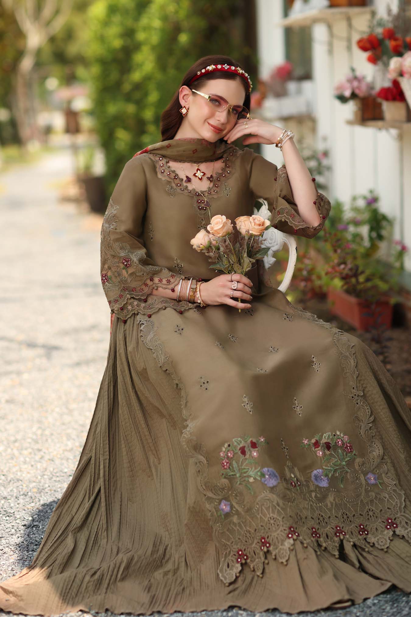 Noor by Saadia Asad | Noor Eid Printskhas 26 |D8  Mocha Sienna - Luxury Dress - available at Maria Faisal in UK and USA.