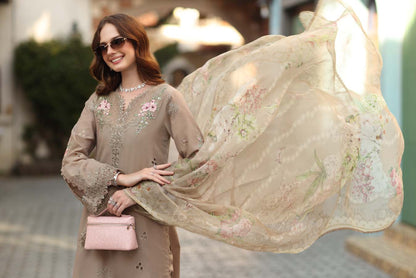Noor by Saadia Asad | Luxe Chikankari 26 | D3 - B - Soft Mocha - Luxury Dress - available at Maria Faisal in UK and USA.