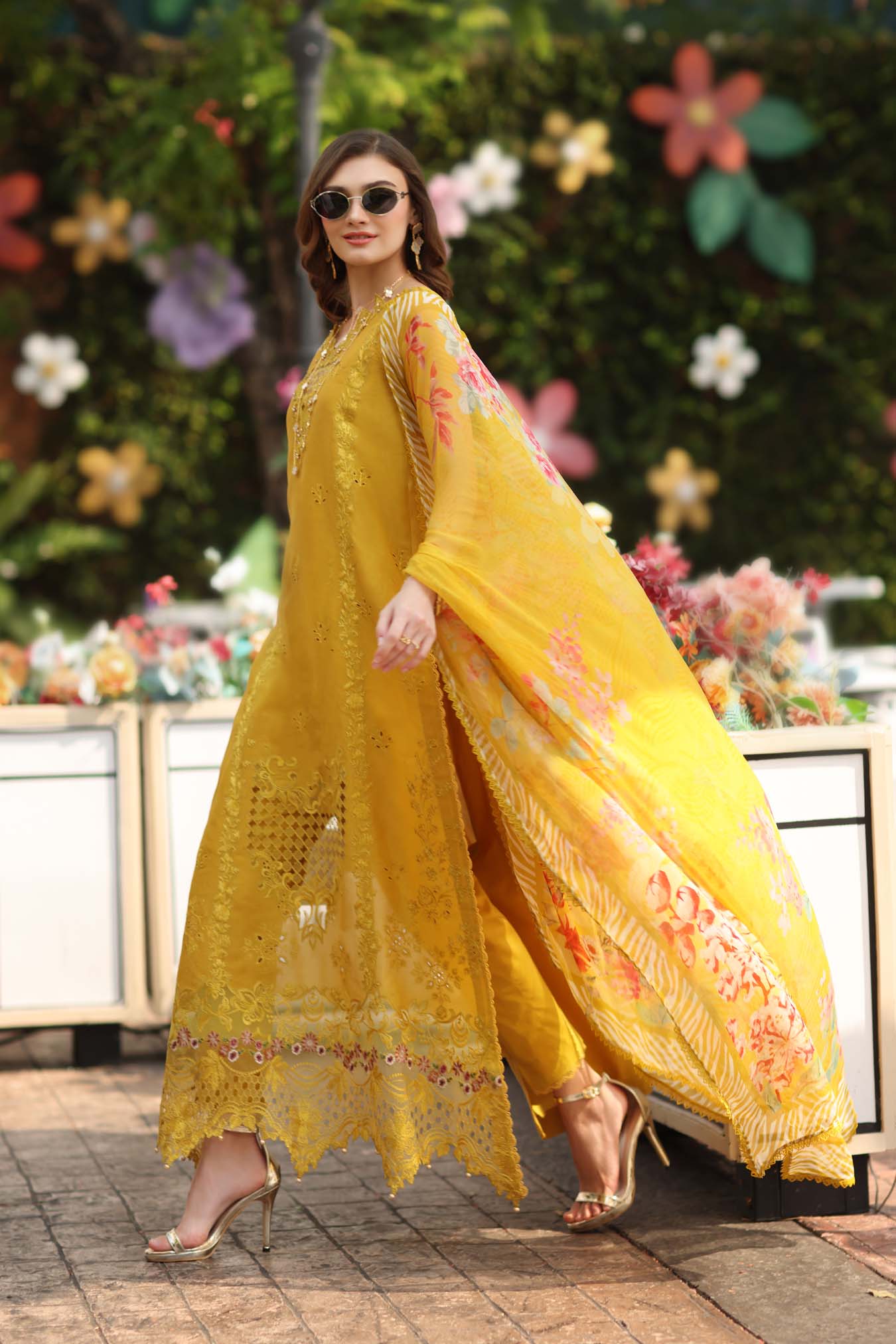 Noor by Saadia Asad | Eid Luxe Chikankari 26 | D10 - Amber Yellow - Luxury Dress - available at Maria Faisal in UK and USA.