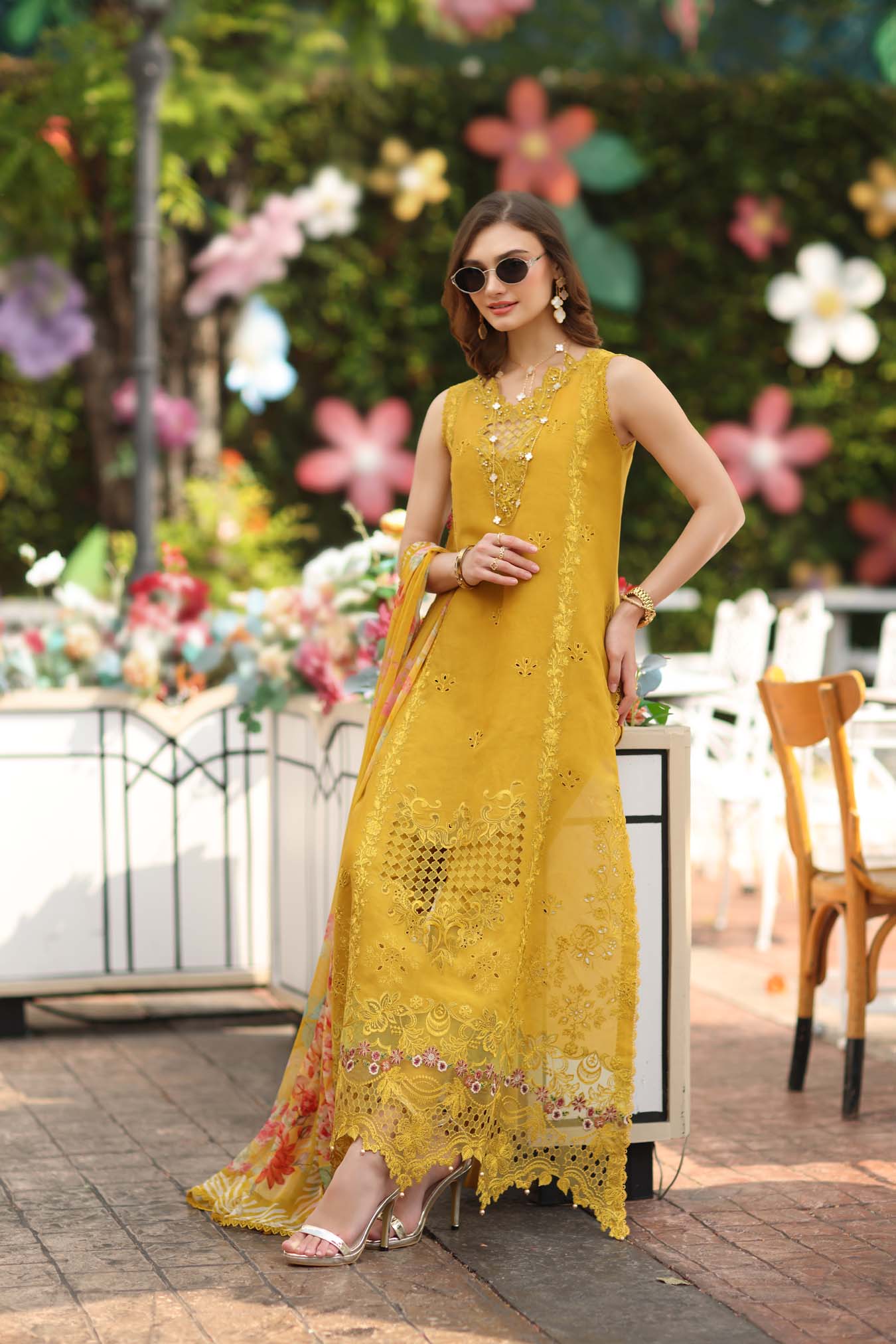 Noor by Saadia Asad | Eid Luxe Chikankari 26 | D10 - Amber Yellow - Luxury Dress - available at Maria Faisal in UK and USA.