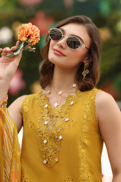 Noor by Saadia Asad | Eid Luxe Chikankari 26 | D10 - Amber Yellow - Luxury Dress - available at Maria Faisal in UK and USA.