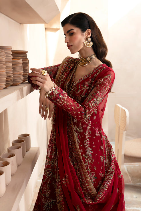 Emaan Adeel | Clay Couture | CARMINE - Designer Dress with Intricate embroidery and embellishments. Shop elegent wedding dress at Maria Faisal.