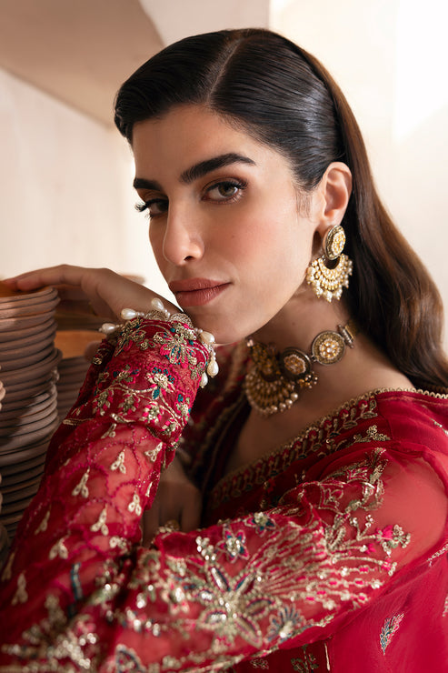 Emaan Adeel | Clay Couture | CARMINE - Designer Dress with Intricate embroidery and embellishments. Shop elegent wedding dress at Maria Faisal.