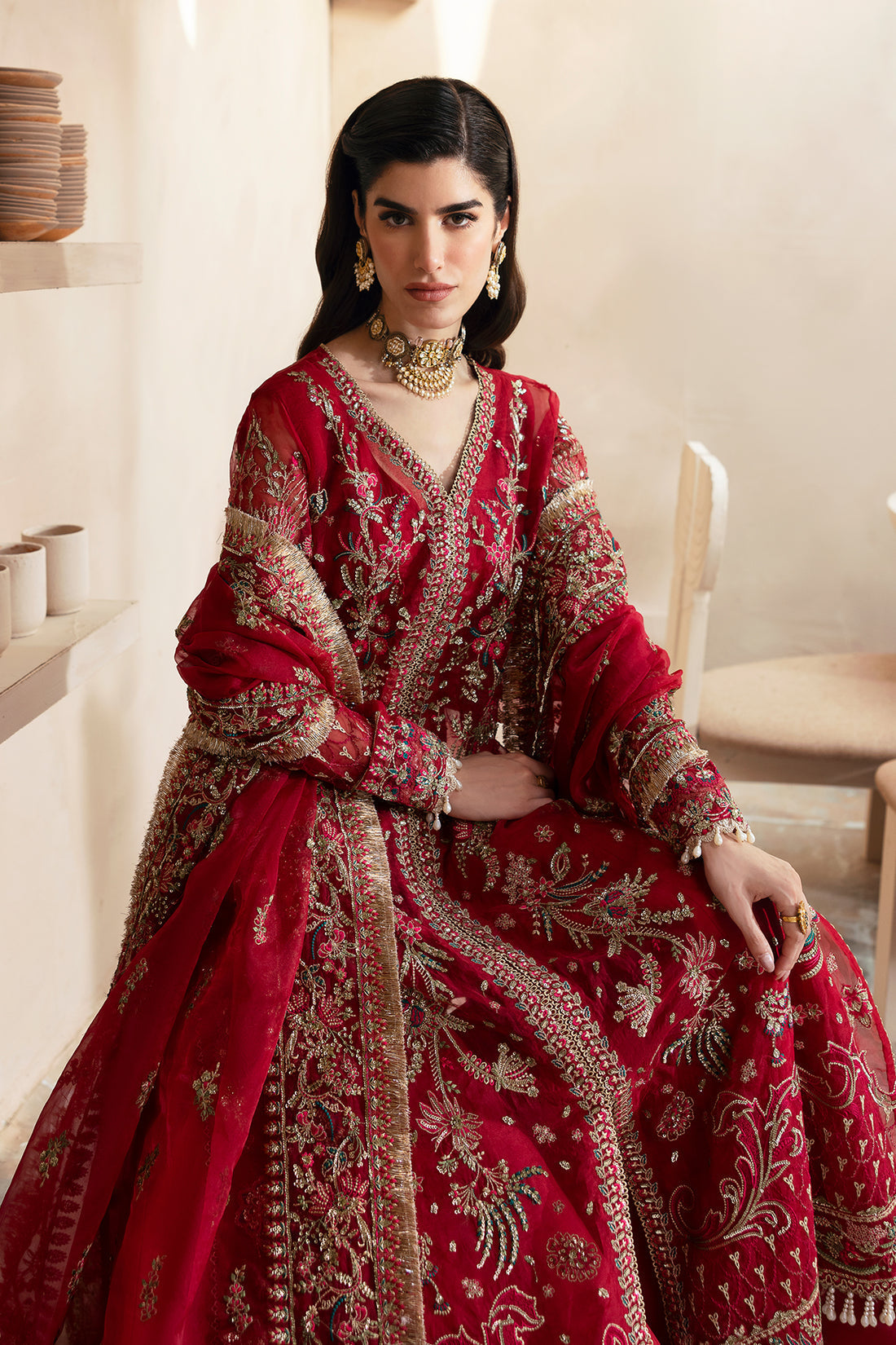 Emaan Adeel | Clay Couture | CARMINE - Designer Dress with Intricate embroidery and embellishments. Shop elegent wedding dress at Maria Faisal.