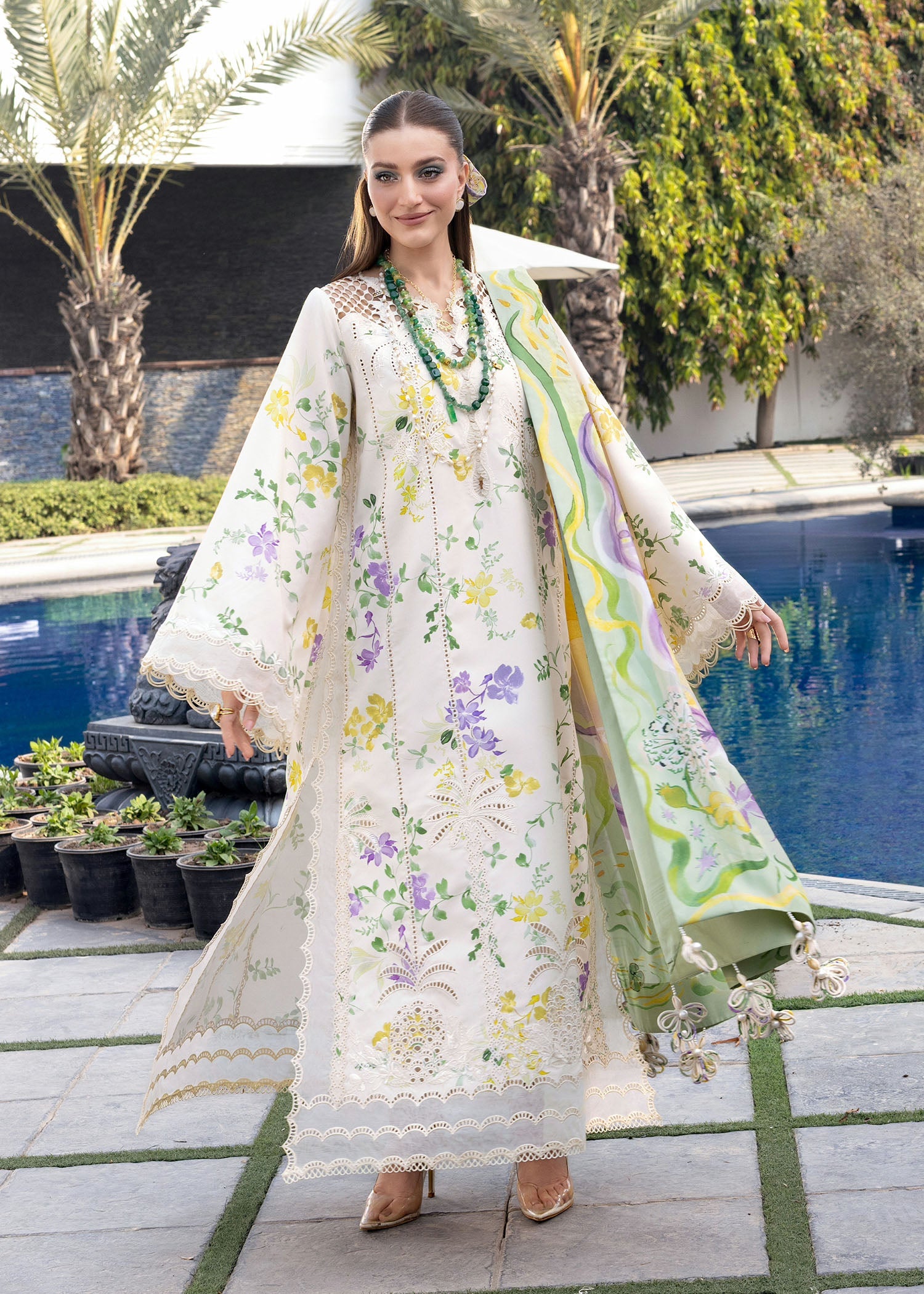 Crimson | Flow Lawn'26 | TROPIC TEASE - D4A - Festive Dress - available at Maria Faisal in UK and USA.