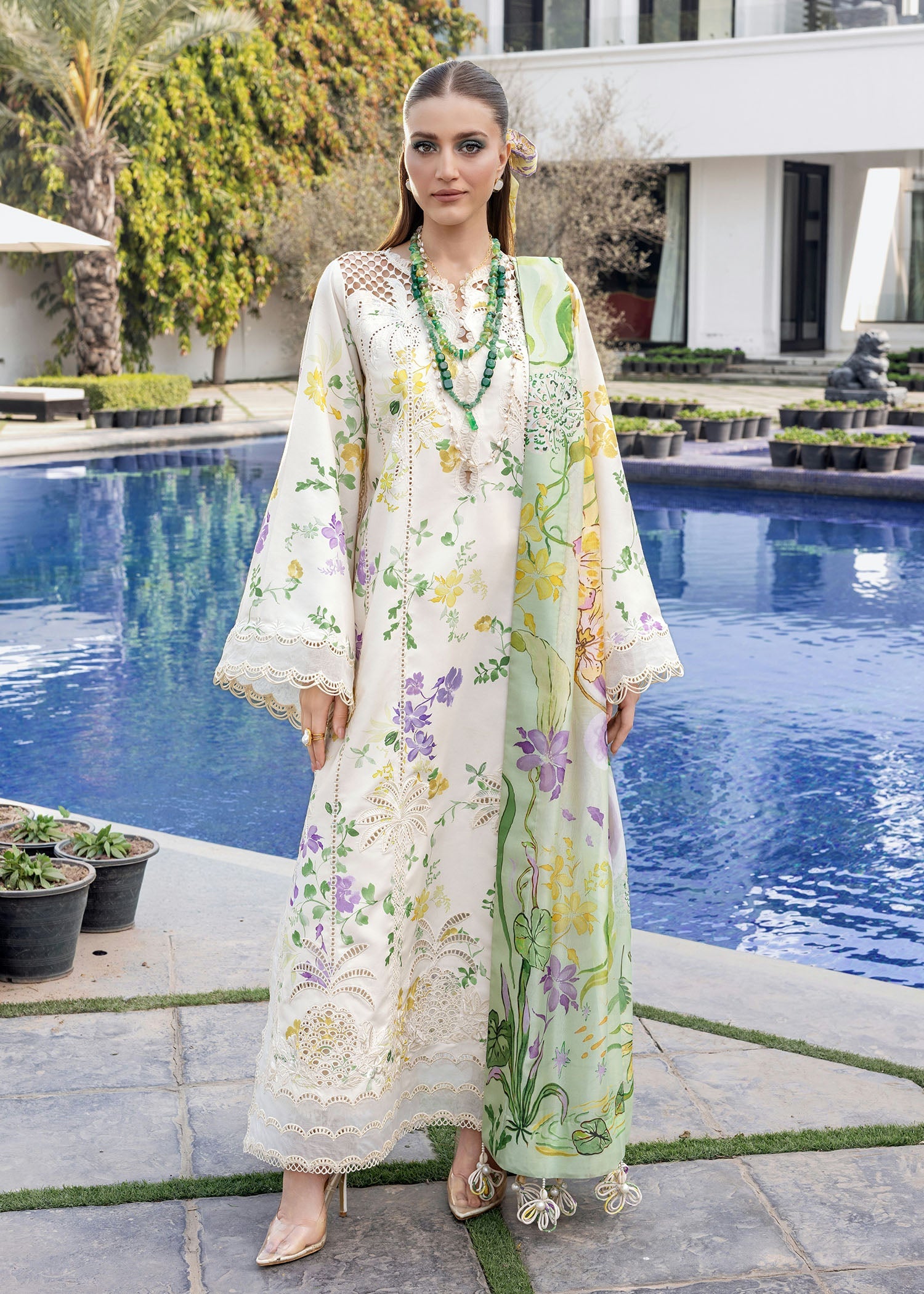 Crimson | Flow Lawn'26 | TROPIC TEASE - D4A - Festive Dress - available at Maria Faisal in UK and USA.