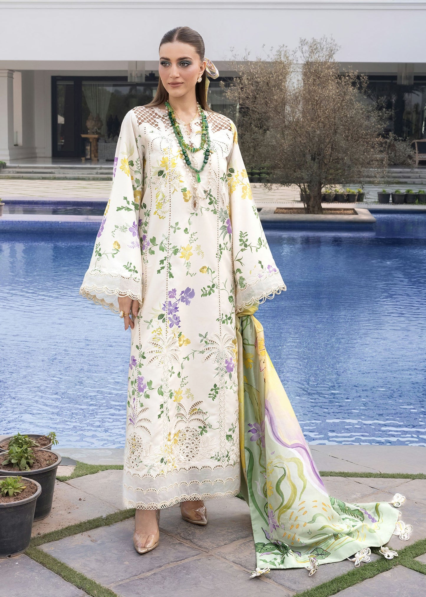Crimson | Flow Lawn'26 | TROPIC TEASE - D4A - Festive Dress - available at Maria Faisal in UK and USA.