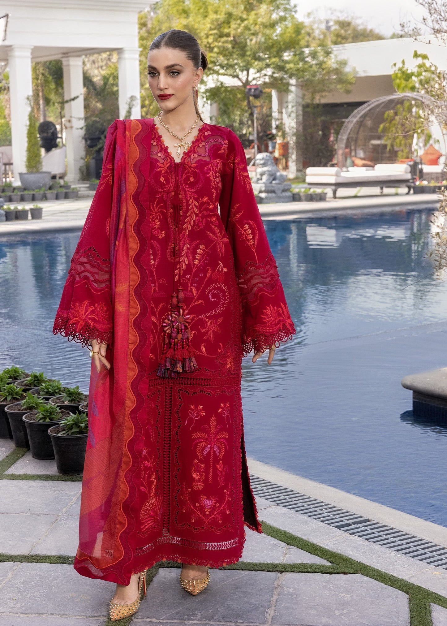 Crimson | Flow Lawn'26 | BEAUTY IN BLOOM - D3A - Festive Dress - available at Maria Faisal in UK and USA.