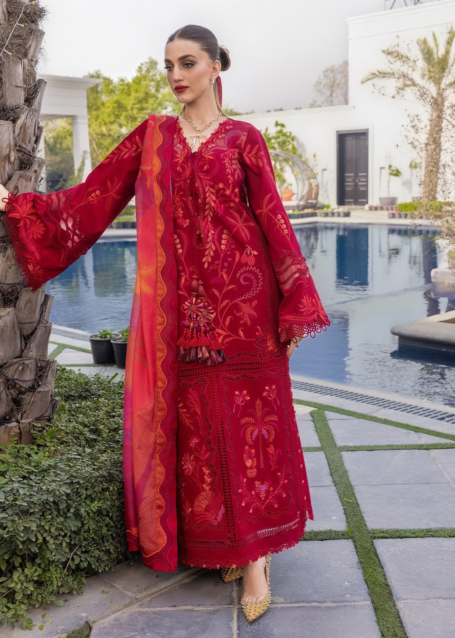 Crimson | Flow Lawn'26 | BEAUTY IN BLOOM - D3A - Festive Dress - available at Maria Faisal in UK and USA.
