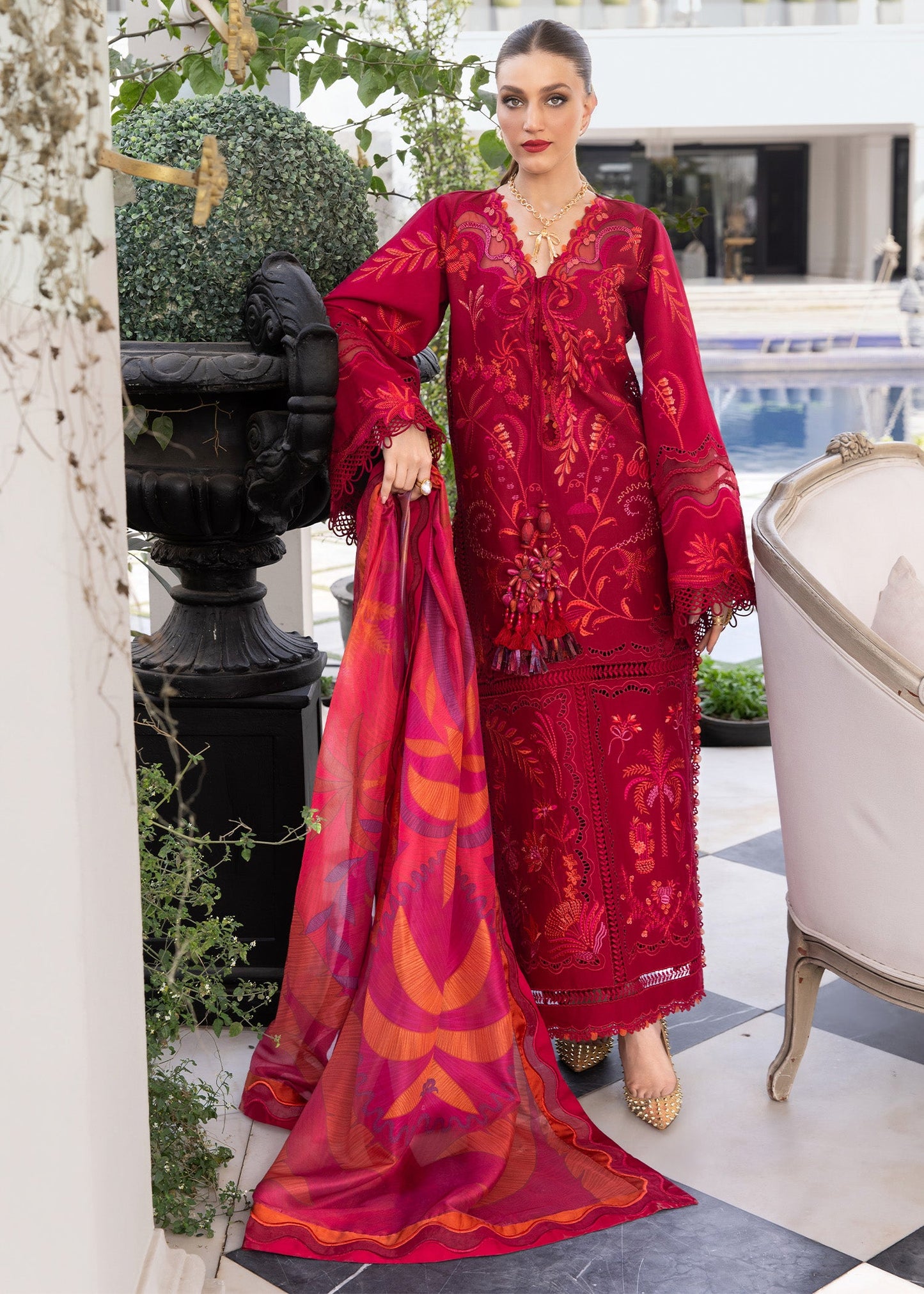 Crimson | Flow Lawn'26 | BEAUTY IN BLOOM - D3A - Festive Dress - available at Maria Faisal in UK and USA.