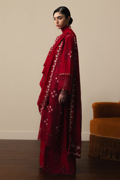  Model Wearing Red Pima Lawn Long Shirt - Zara Shahjahan | Satori 2026 | Akari-D8 - Ladies Clothes - Maria Faisal