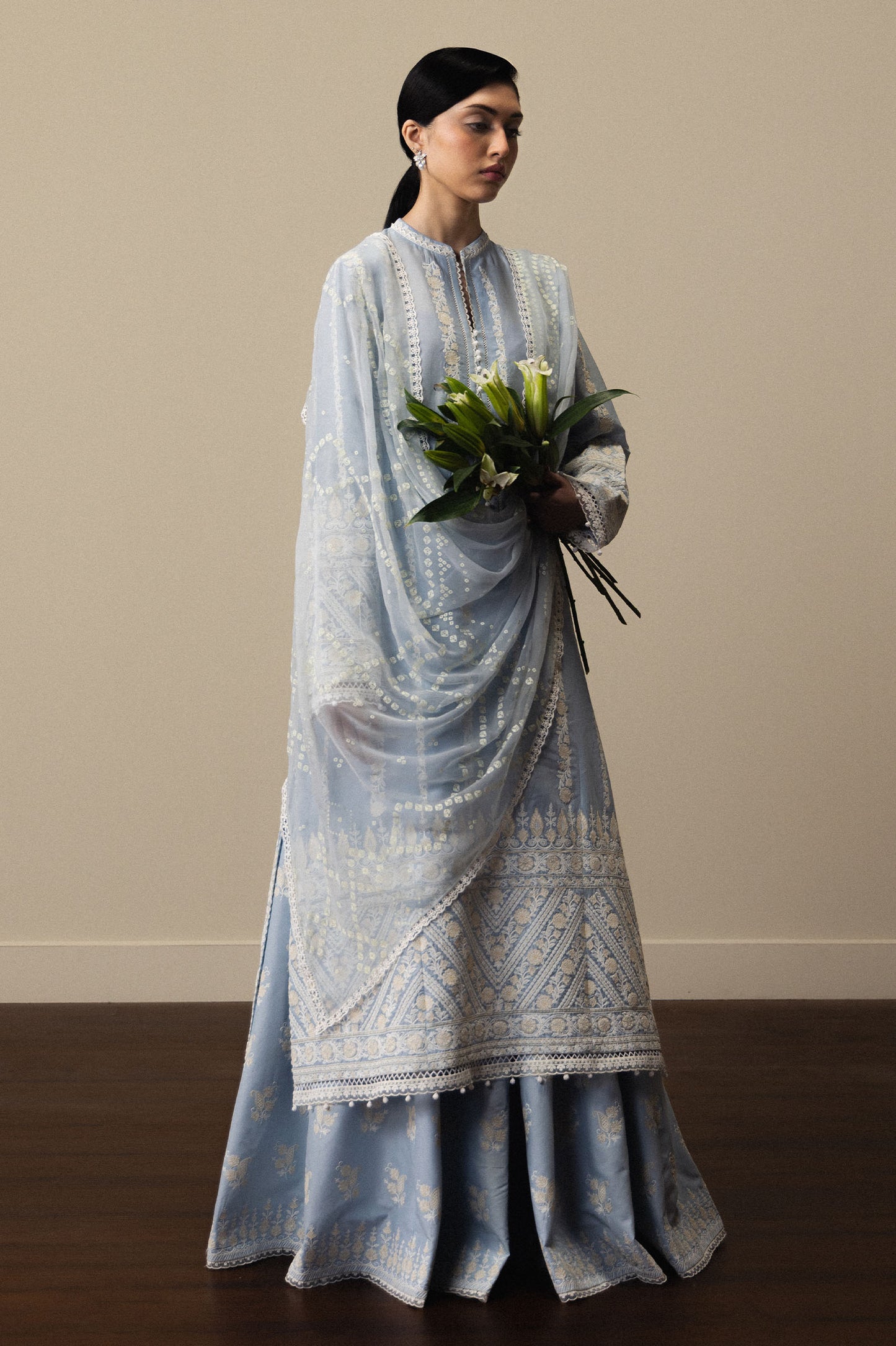  Model Wearing Powder Blue Pima Lawn Shirt with Sharara - Zara Shahjahan | Satori 2026 | Aoyomi-D1 - Ladies Clothes - Maria Faisal