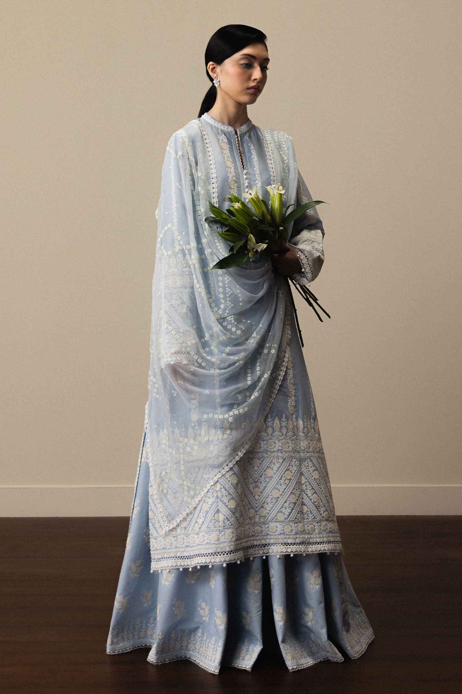  Model Wearing Powder Blue Pima Lawn Shirt with Sharara - Zara Shahjahan | Satori 2026 | Aoyomi-D1 - Ladies Clothes - Maria Faisal