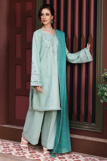 Aqua Embroidered Khaddar Short Shirt with Trouser - Naqshi | Nuri Khaddar Velvet Marina | Salsabeel