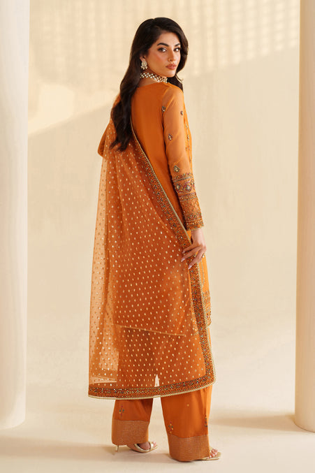 Orange Embroidered Organza Shirt with Farshi Shalwar - Naqshi | Feemora Organza Raw Silk | Yameen