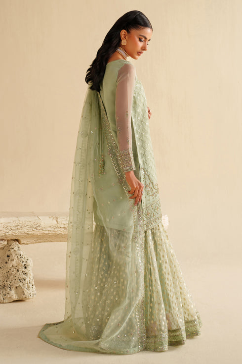 Aqua Embroidered Organza Short Shirt with Gharara - Naqshi | Feemora Organza Raw Silk | Hanam