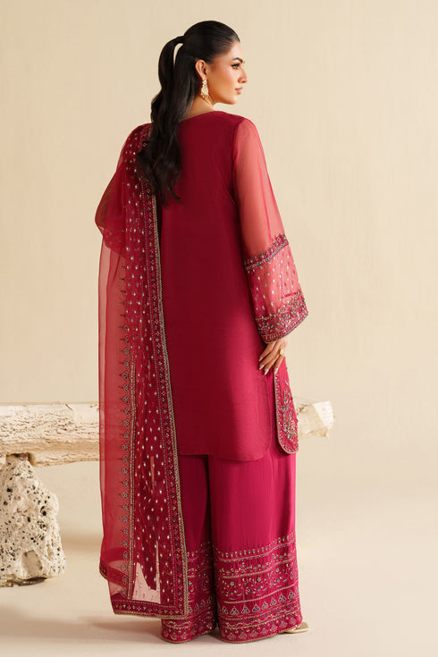 Redish Pink Embroidered Organza Short Shirt with Plazo - Naqshi | Feemora Organza Raw Silk | Yashal