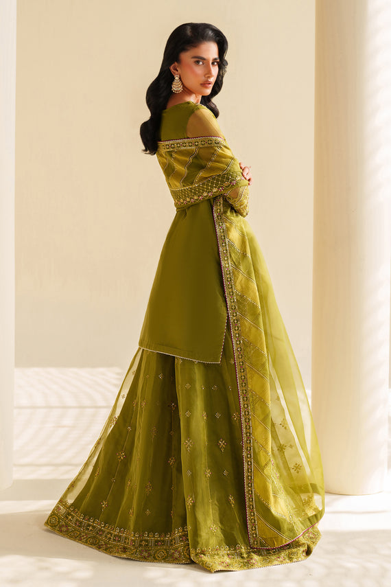 Mehndi Green Embroidered Organza Short Shirt with Sharara - Naqshi | Feemora Organza Raw Silk | Feeha