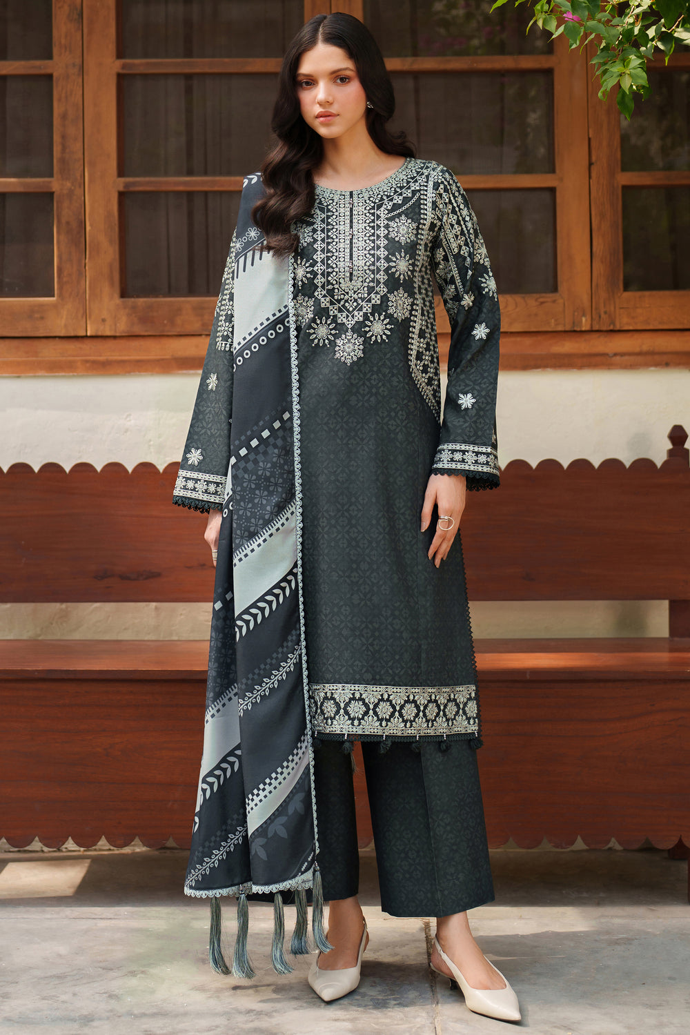 Farasha | Meline Premium Viscose 25 | Slate Gray - Luxury Dress - available at Maria Faisal in UK and USA.