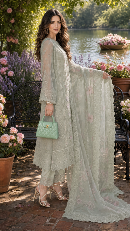 Saadia Asad | Nooriyah Luxury Chiffon | D1 - Pistachio Mist - Formal Dress - available at Maria Faisal in UK and USA.
