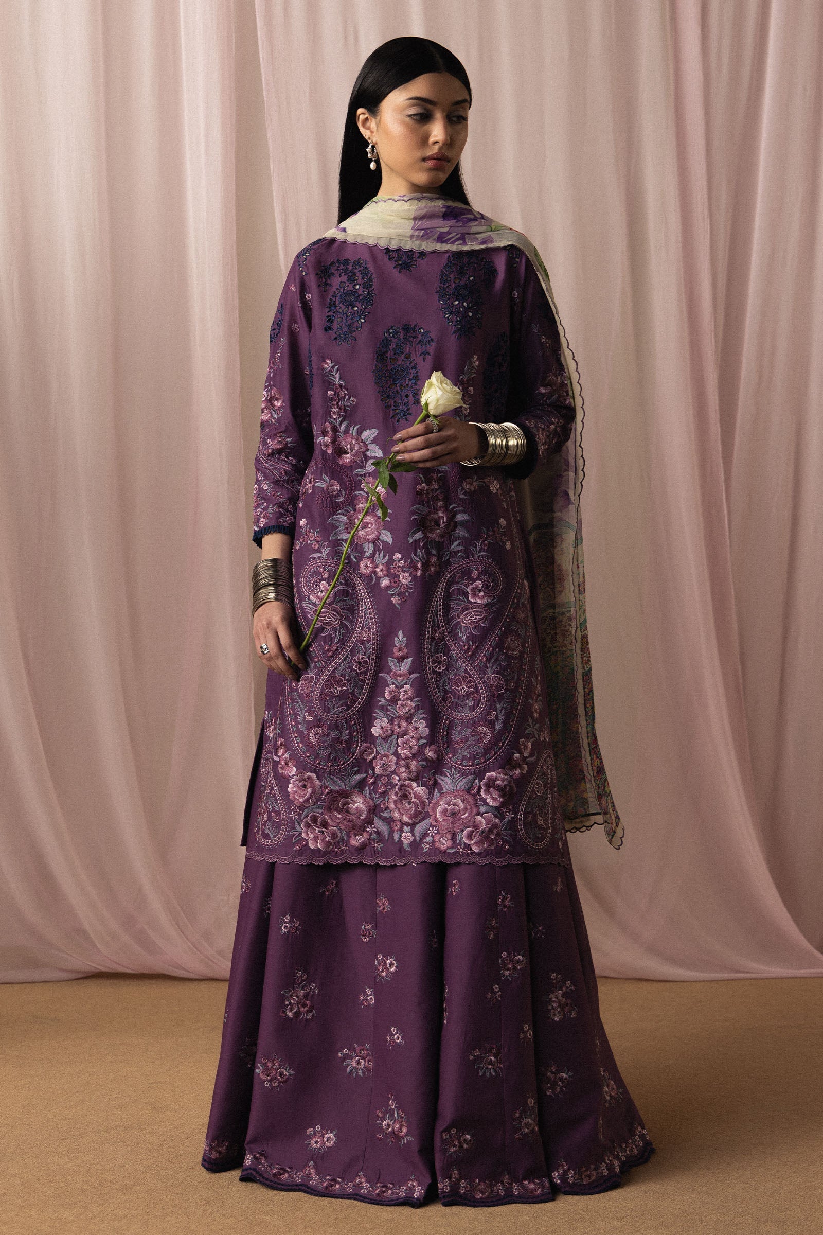  Model Wearing Plum Pima Lawn Shirt with Sharara - Zara Shahjahan | Satori 2026 | Sumire-D2 - Ladies Clothes - Maria Faisal