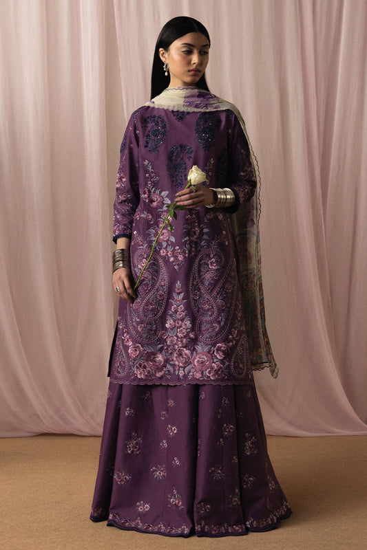  Model Wearing Plum Pima Lawn Shirt with Sharara - Zara Shahjahan | Satori 2026 | Sumire-D2 - Ladies Clothes - Maria Faisal