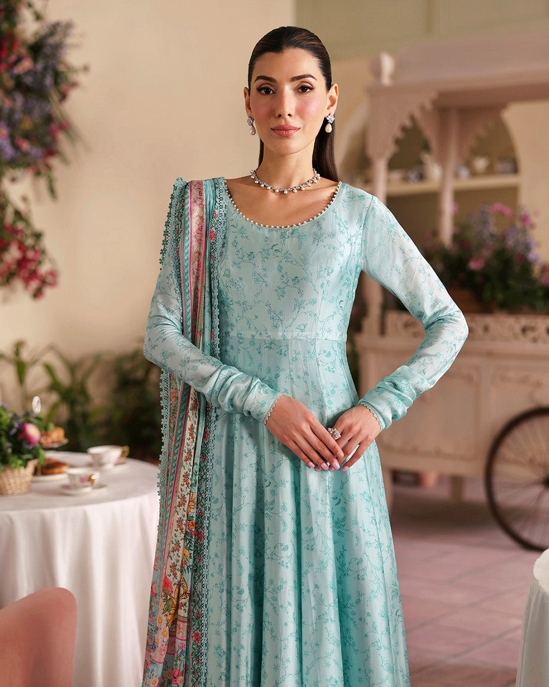 Ice Blue Printed Silk Pishwas - Faiza Saqlain | Serina Luxe | Suha