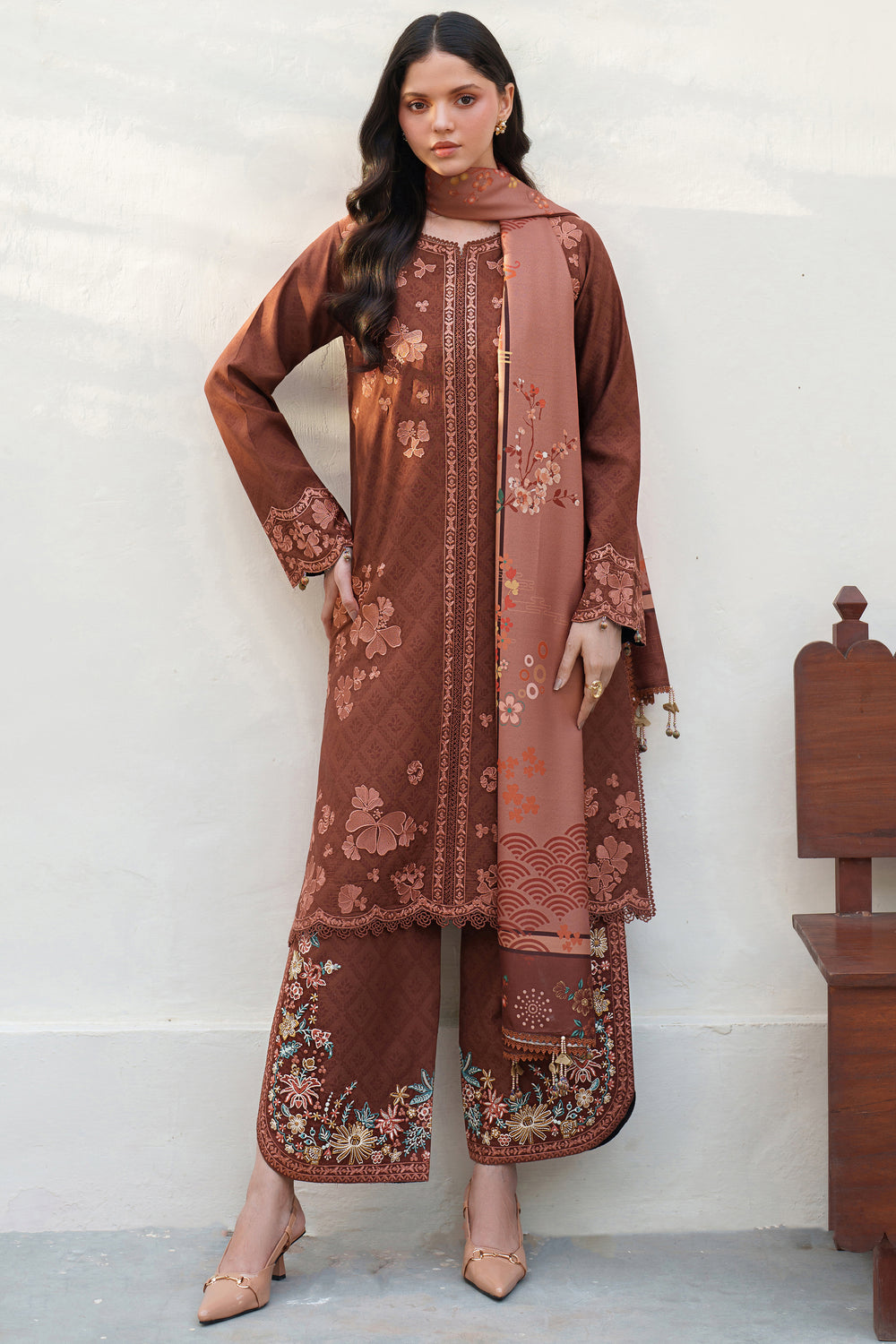 Farasha | Meline Premium Viscose 25 | Brown Clay - Luxury Dress - available at Maria Faisal in UK and USA.
