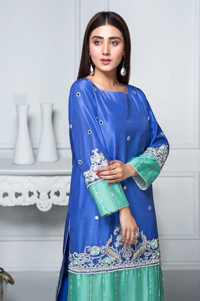 Hana | Eclectic Ready to Wear | Sapphire Twinkle - Designer Dress with Intricate embroidery and embellishments. Shop elegent wedding dress at Maria Faisal.