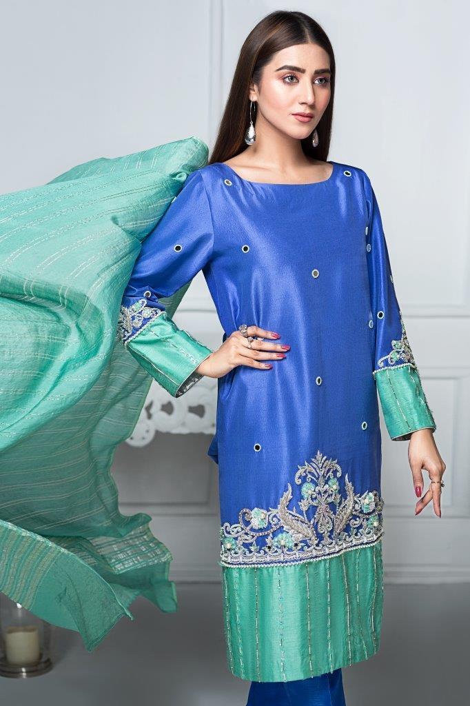 Hana | Eclectic Ready to Wear | Sapphire Twinkle - Designer Dress with Intricate embroidery and embellishments. Shop elegent wedding dress at Maria Faisal.