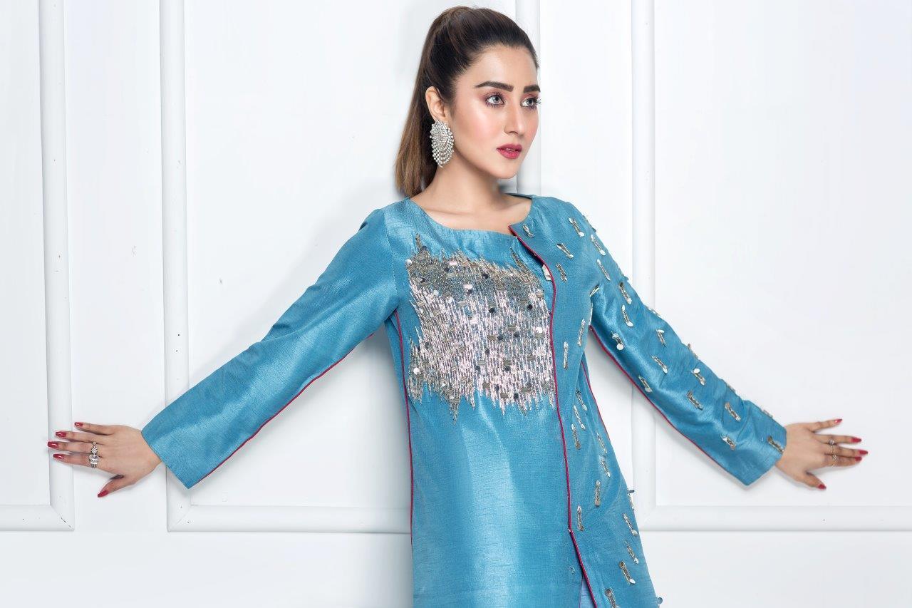 Hana | Eclectic Ready to Wear | Cerulian Spark - Designer Dress with Intricate embroidery and embellishments. Shop elegent wedding dress at Maria Faisal.