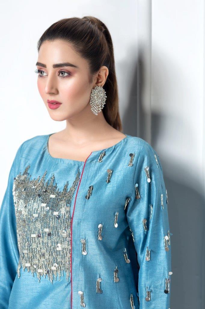 Hana | Eclectic Ready to Wear | Cerulian Spark - Designer Dress with Intricate embroidery and embellishments. Shop elegent wedding dress at Maria Faisal.