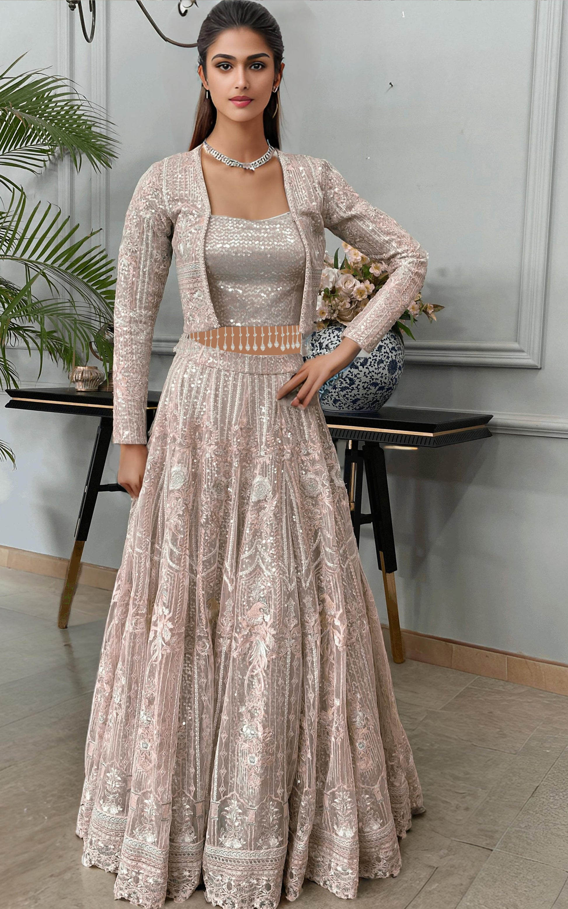 Threads and Motifs | Formal Dresses 25 | Net Embroidered Jacket With Lehenga - Ladies Clothes - Maria Faisal