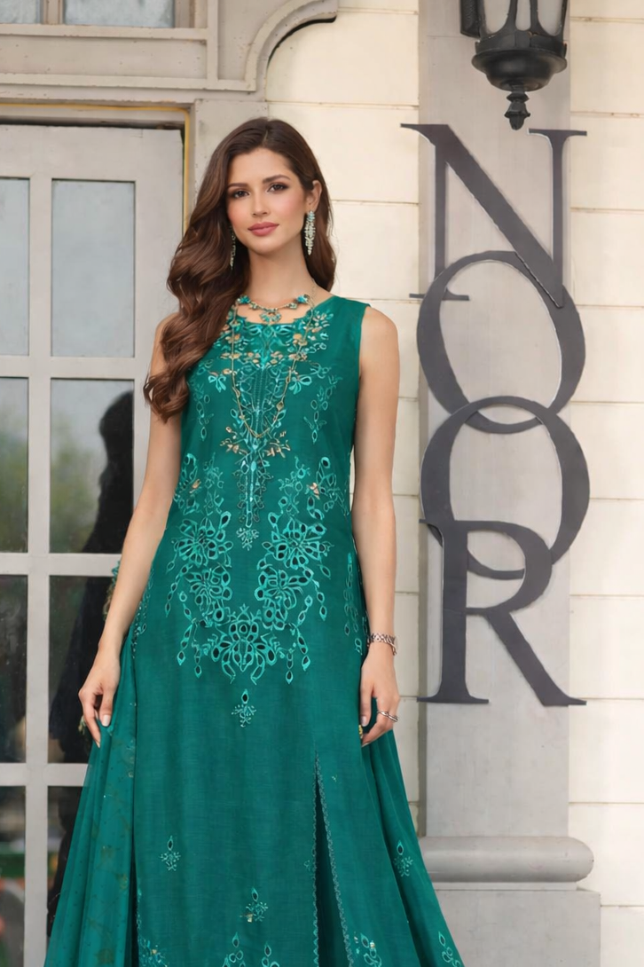 Noor by Saadia Asad | Eid Luxe Chikankari 26 | D1 - Malachite Green - Luxury Dress - available at Maria Faisal in UK and USA.
