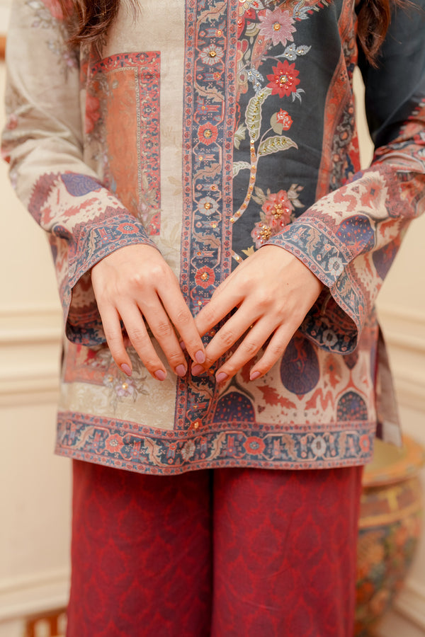 Shamaeel Ansari | Nazaakat Pret | Royal Crimson - Formal Dress - available at Maria Faisal in UK and USA.