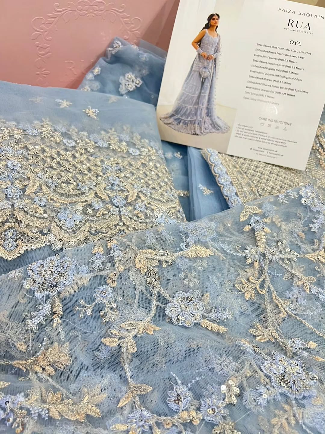 Light Blue Gray Embroidered Net Short Shirt with Gharara - Faiza Saqlain | Rua Wedding Formals | Oya
