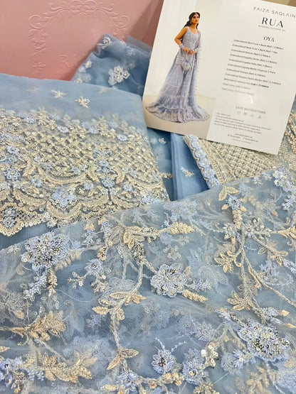 Light Blue Gray Embroidered Net Short Shirt with Gharara - Faiza Saqlain | Rua Wedding Formals | Oya