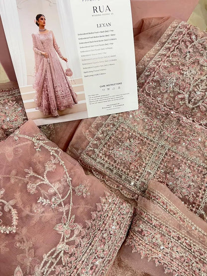 Blush Pink Embroidered Net Open Pishwas with Lehnga - Faiza Saqlain | Rua Wedding Formals | Leyan