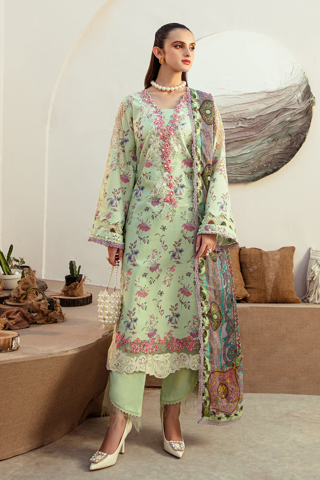 AJR Couture | Alif Affordable Lawn 24 | MINT MAGIC - Designer Dress with Intricate embroidery and embellishments. Shop elegent wedding dress at Maria Faisal.
