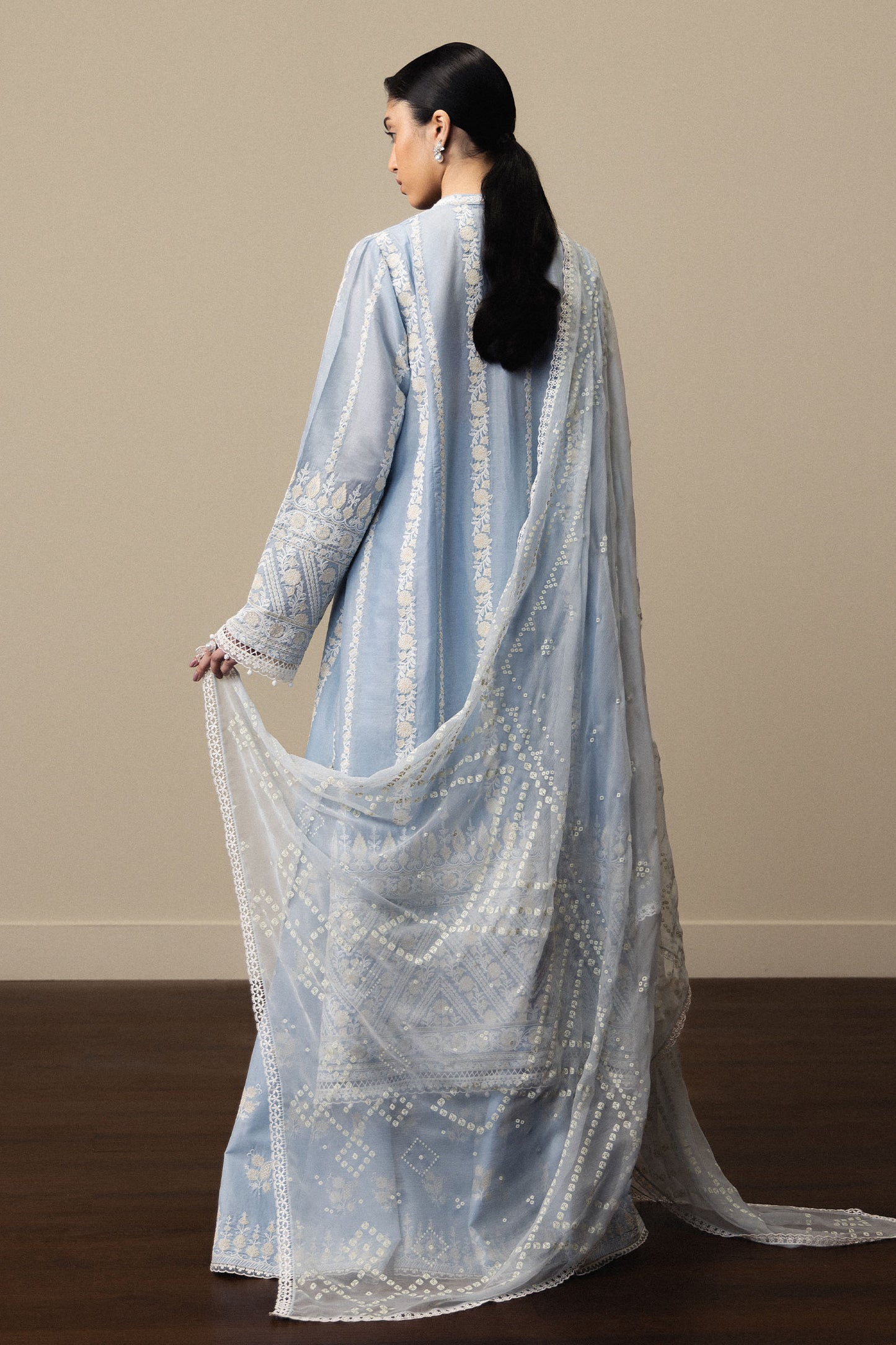  Model Wearing Powder Blue Pima Lawn Shirt with Sharara - Zara Shahjahan | Satori 2026 | Aoyomi-D1 - Ladies Clothes - Maria Faisal