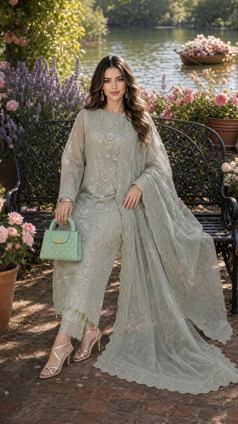 Saadia Asad | Nooriyah Luxury Chiffon | D1 - Pistachio Mist - Formal Dress - available at Maria Faisal in UK and USA.